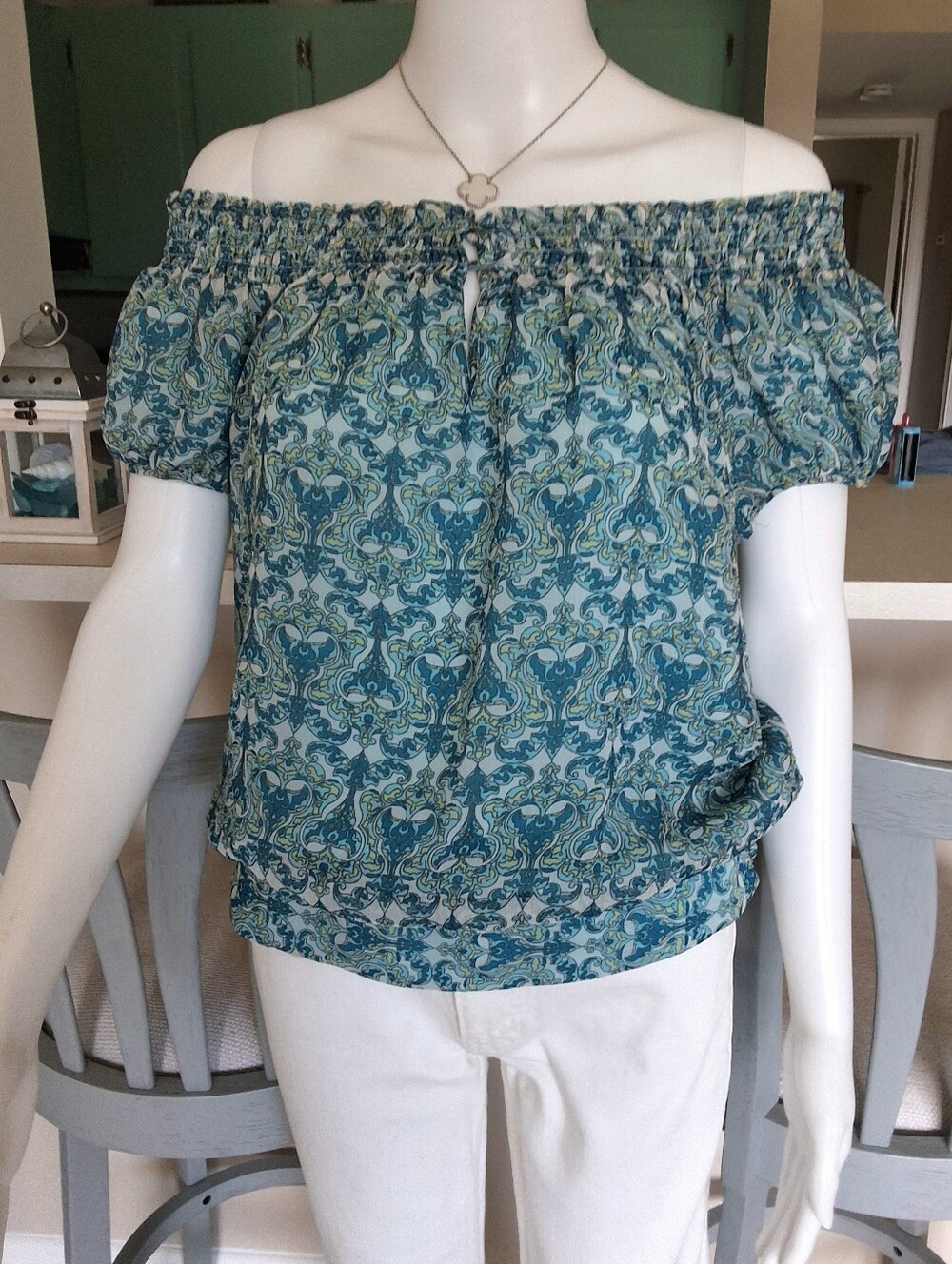 INC International Concepts Silk Green Floral Short Sleeve Off Shoulder - 6P-NWOT